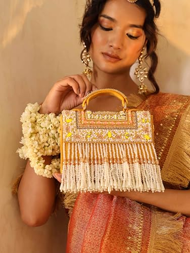 Image of THE TAN CLAN Kiara Beige Flap Over Bag Clutches for women Purses Luxury Evening Handbags for ladies with Handle