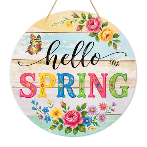 PETCEE Hello Spring Door Sign - 11.5 Colorful Flowers Welcome Wreath for Front Door Spring Decorations Farmhouse Porch Decor Rustic Round Wreath Sign Hanging Wall Plaque Easter Home Outdoor Decor