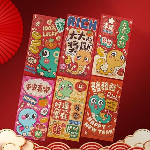 CARGEN Red Envelopes - 36 PCS 3.5 X 6.7 inches Chinese Envelopes Hong Bao Lunar New Year 2025 Snake Spring Festival New Years Money Coins Cash Red Gold Envelope Pocket Gift Lucky Envelope 6 Design Cover