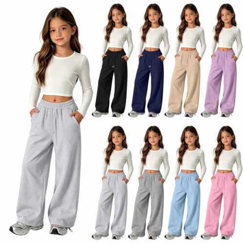 SEHIOZNI Teenager Clothing Girls Baggy Sweatpants Wide Leg Straight Pants Drawstring Youth Athletic Joggers Casual Sweat Pants with Pockets Streetwear (Light Ashy,11-12 Years)