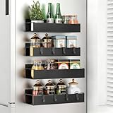 Houbobo 4 Pack Magnetic Spice Storage Rack Organiser for Refrigerator and Oven, Black Moveable Magnetic Shelf with 8 Hooks for Kitchen Fridge and Oven Organisation