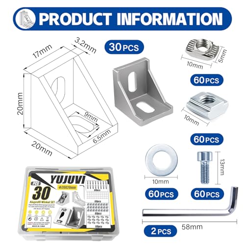 YUJUVI 30 STK Aluprofil Winkel Befestigungsmaterial Alu Profil 20x20 Winkelverbinder Eckwinkel Eckverbinder 90 Grad Alu Winkel für 2020 2040 Strebenprofil, 3D-Drucker, CNC-Router, DIY-Projekte
