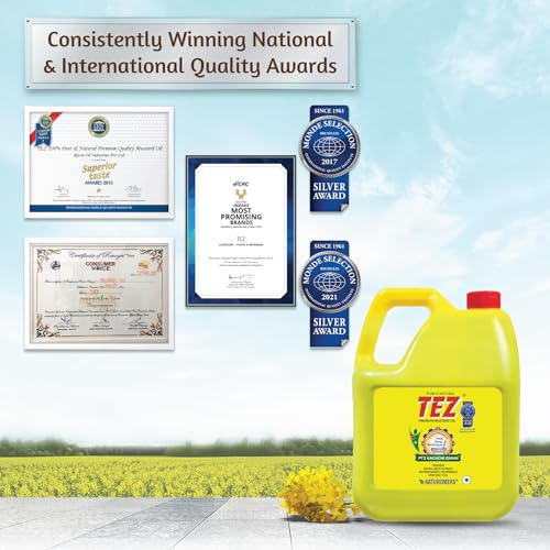 Image of Tez Mustard Oil for Cooking 5L Can | PT3 Kachchi Ghani Sarson Ka Tel | 100% Pure & Natural Oil | Promotes Gut Health with Antibacterial & Antifungal Benefits | Supports Good Health