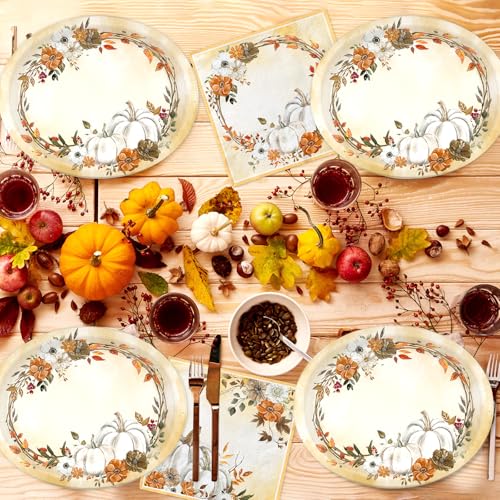 Image of White Pumpkin Paper Plates and Napkins Serve 50, Boho Oval Fall Plates 10 inch x 12 inch with 6.5 inch Napkins Floral Autumn Tableware Fall Party Decorations for Birthday Baby Shower Bridal Shower Thanksgiving