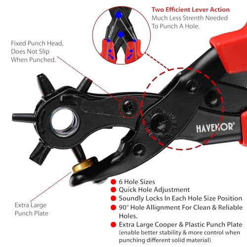 Image of LPOE007 Revolving Leather Punch Pliers or Punching Machine with 6 Hole Sizes for Leather Belts, Watch Bands, Bags, Dog Collars, Fabric, Craft Projects, Leather Puncher (Black /Red)
