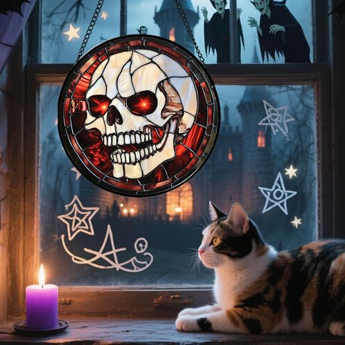 Image of Stained Glass Window Hanging - Halloween Decorations White Skeleton Suncatcher for Doors Garden Indoor Spooky Funny Red Sun Catchers Gothic Decor Horror Gifts for Women Men Friend 7.8 in