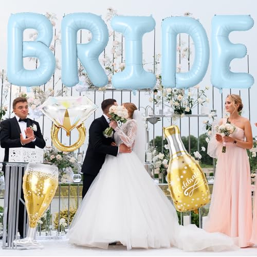Image of 40inch Bride Balloons Baby Blue Letters Banner, Bachelorette Party Decorations Set with Diamond Ring Champagne Bottle Balloon Glass Foil Balloon for Bachelorette Engagement Wedding Bridal Shower Decor