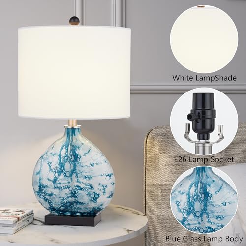 Maxax 24" Coastal Glass Table Lamp, 3-Way Dimmable Blue Glass Bedside Lamp with White Drum Shade for Living Room Bedroom Nightstand - Image 2