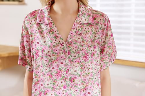Image of YiNi LuLu Womens Silk Satin Shorts Pajamas Set Button Down 2 Piece Pjs Short Sleeve Oversized Sleepwear with Pockets