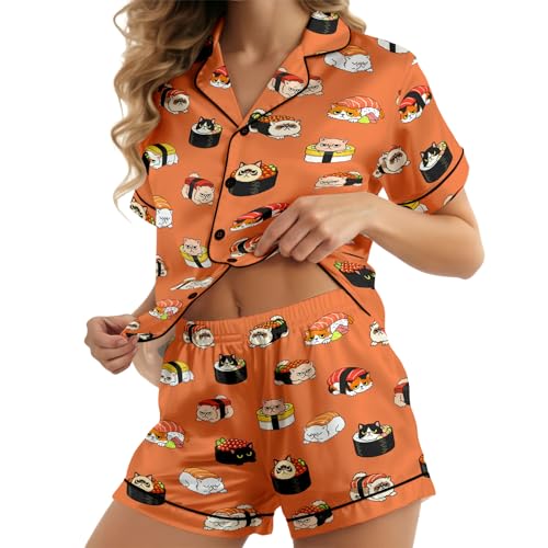 Image of HUNTFAMI Womens Soft Silky Satin Pajamas Set, 2 Pcs Sleep Short Pajamas for Mom and Grandma Button Down Summer Loungewear