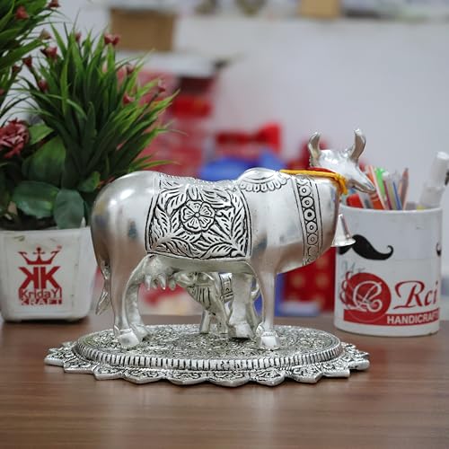Image of Kamdhenu Cow with Calf Idol for Home Decor | Metal Cow Statue with Intricate Embossed Design | Vastu & Pooja Decorative Showpiece | Temple, Office, Housewarming & Gift Item (Silver)
