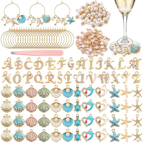 Landical 48 Sets Wine Glass Charms Kit Rhinestone Alloy DIY Reusable Drink Markers for Stemmed Glasses Beverage Glasses Weddings and Holiday Parties with Alphabet Beads (Ocean Style)