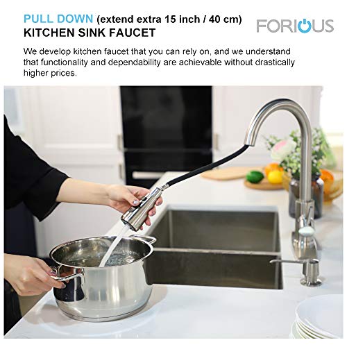 FORIOUS Kitchen Faucet with Pull Down Sprayer Brushed Nickel, High Arc Single Handle Kitchen