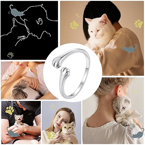 Qings Katze Umarmung Ringe für Damen, 925 Sterling Silber Verstellbarer Katzen Pfote Rings Stapelbare Süß Tier Pfotenabdruck Offener Finger Ring, Schöne Schmuck Geburtstags Geschenk für Frauen Mädchen