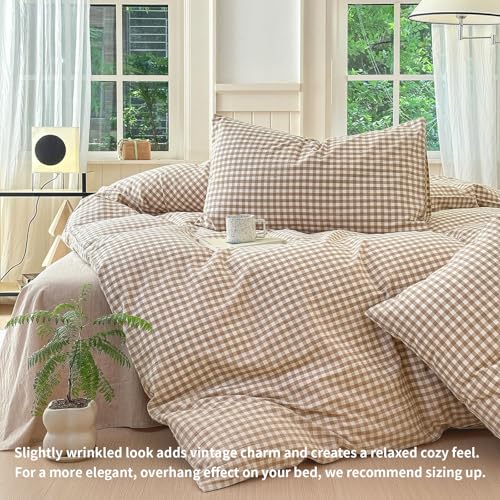 Image of LifeTB Queen Comforter Set Tan Gingham Comforter Modern Style Beige Plaid Comforter Set 3 Pieces Fluffy Grid Checkered Comforter with 2 Pillowcases Boho Gingham Bedding Set Queen Size
