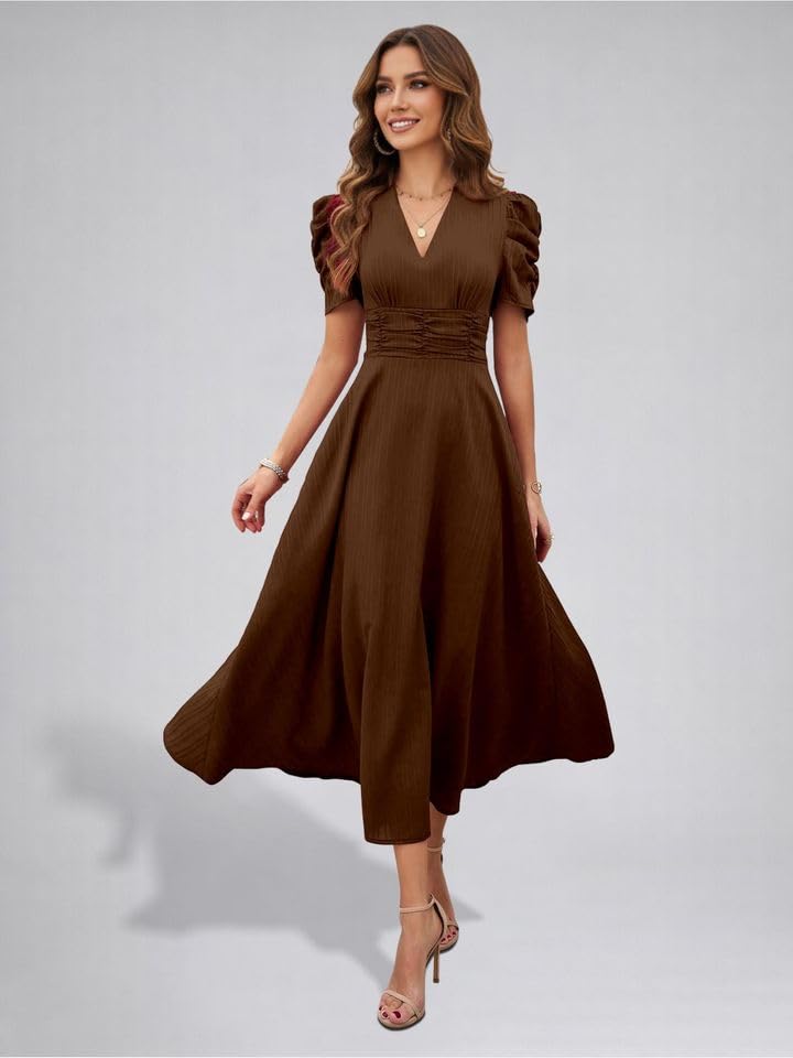 Image of Women's Solid Color V-Neck A-Line Maxi Stylish One Piece Long Midi Dress Party Outfit | Waist Cinched Puff Sleeve Elegant Casual Dresses for Women