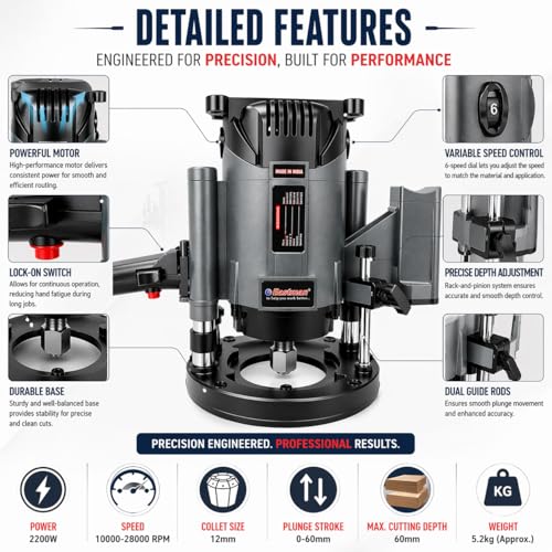 Image of Eastman Electric Router EER-812N (1200W, 230V) ? High Speed 21000 RPM Woodworking Machine with Dual Bit Capacity (8mm & 12mm) for Precision Grooving & Edging