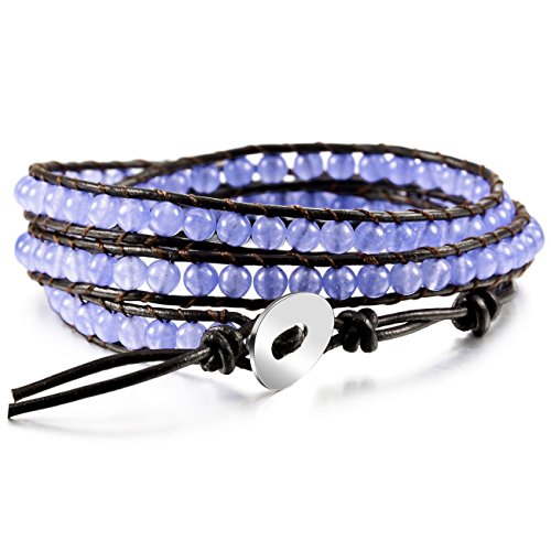 MOWOM Layered Bracelets for Women Men Boys Girls Genuine Leather Bracelet Rope Bangle Cuff Gemstone Beads Braided Bracelet 3 Wraps Adjustable Handmade Oriental Agate Meditation Jewelry Gift