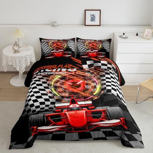Image of Feelyou Kids Red Racing Car Comforter Set Queen Size, Extreme Sports Duvet Insert Karting Road Bedding Set Boys Girls Teens Bedroom Decor Bed Set 3Pcs