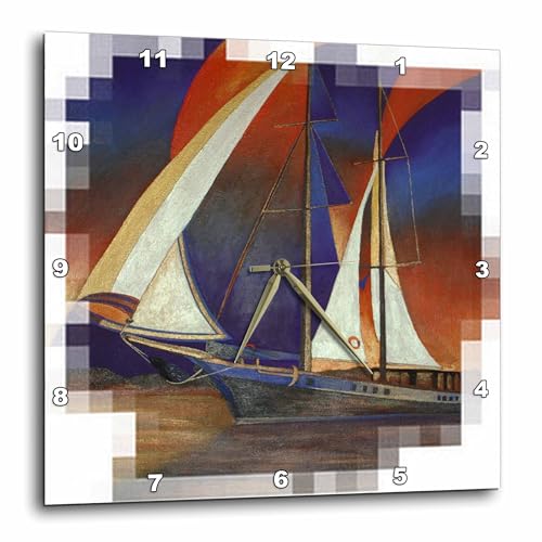 3dRose Wall Clock Silent - 10 inch - Gulet Under Sail - Blue, Boats, Impressionism, Orange, Realism, Sailboat, Sails - Acrylic Painting - Sailboats