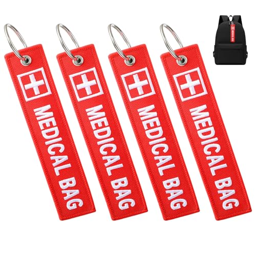 4 etiquetas de equipaje para emergencias médicas llaveros etiqueta roja de doble cara bordada etiqueta de equipaje dispositivos médicos equipaje ID colgante para mochila monedero bolsas