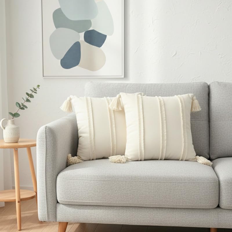 Image of Bird Wing Decorative Couch Cushion Pillow Covers for Home, Cream White, Cotton, Boho Style Tassel Design, Set of 2, Beige Color Size: 12x12 Inches