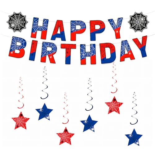 21Pcs Spider Theme Birthday Banners Birthday Decorations for Boys Double-Sided Printed Decorations for Spiderman Party Cartoon Spider Web Party Decor Party Decoration for Boys and Girls