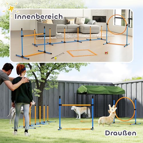 PawHut Agility Set Hunde 7-teilig Agility-Ausrüstung für Hundetraining Steckhürdenset mit Slalomstangen Sprunghoop 2 Bälle höhenverstellbar Hürden Koordinationstraining für Spiele Training