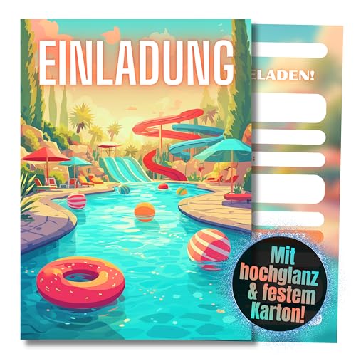 HIDEBLOOM Poolparty Einladungskarten Kindergeburtstag Mädchen und Junge - 12 Stück - DIN A6 (10,5 cm x 14,8 cm) - Einladung Schwimmbad Geburtstag - Geburtstagseinladungen Poolparty Kindergeburtstag