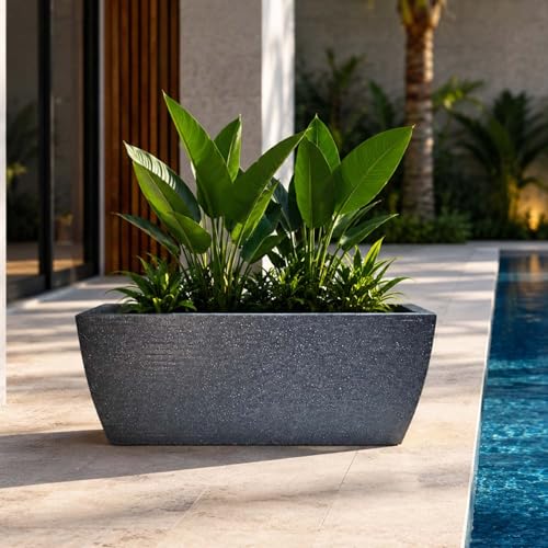 Image of Go Hooked Rectangular Leios Planter Pot 24x11 Inch | Grey Ribbed Design Plastic Flower Pot for Indoor Outdoor Garden Balcony Terrace Living Room | Decorative Long Plant Container with Drainage Hole