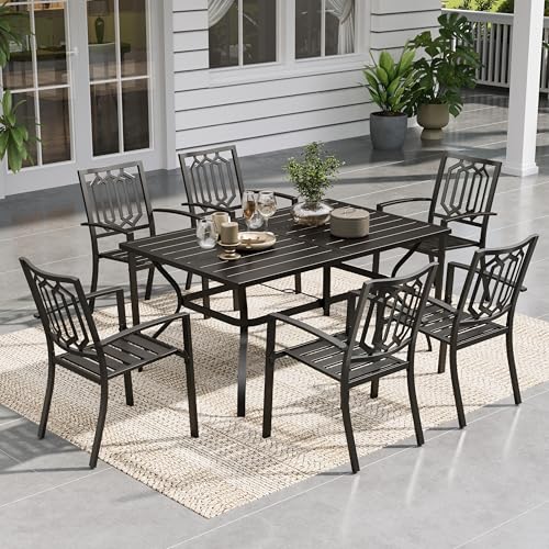 Image of Sophia & William Patio Dining Set Metal Outdoor Table and Chairs Furniture Set 7 Piece, Large 60.2 inch Dining Table with Umbrella Hole and 6 Backyard Garden Chairs Support 300LBS for Deck, Lawn, Garden