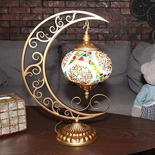 Turkish Table Lamp COMMODA Stunning Handmade Moon Shape Turkish Moroccan Mosaic Glass Table Desk Bedside Lamp Light Bronze Base Unique Table Lamp Room Decoration (Cream)