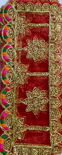 Small MATA Rani Chunri/Chuni/Dupatta for Kanjak Maa Durga Laxmi Sherawali Saraswati Devi Pooja, Golden Net Chunni Navratra/Navratre/Navratri/Diwali/Dussehra Special Red and Golden Size 4x10 Inch2