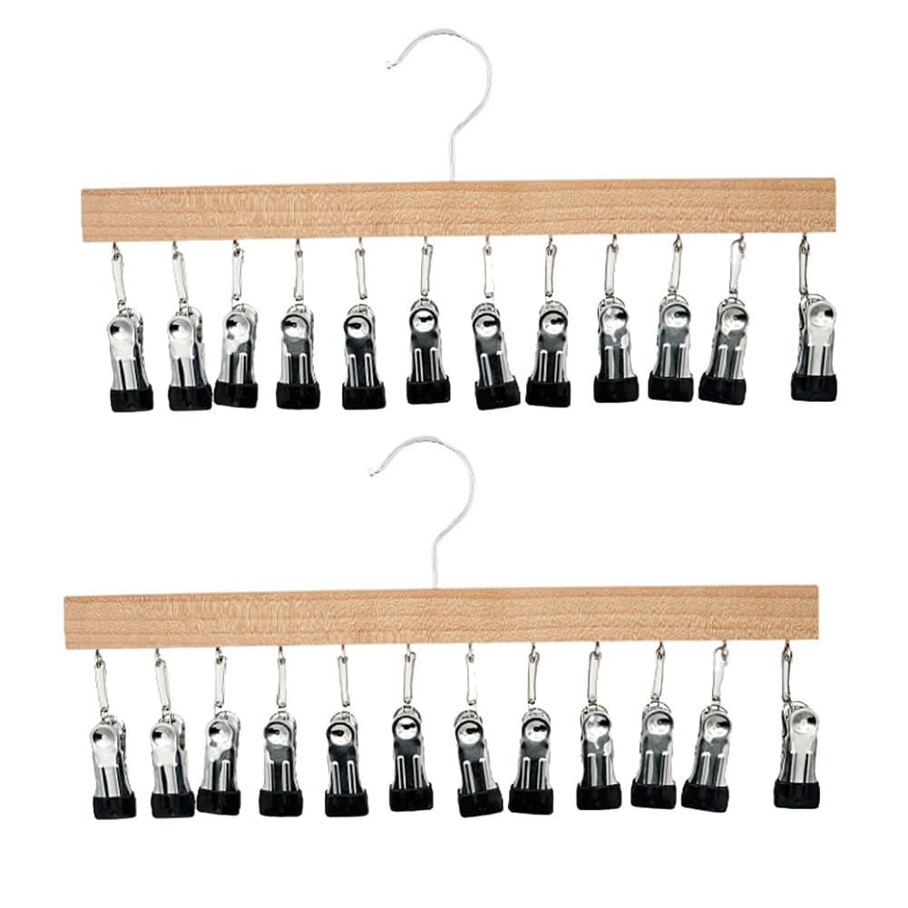 CTRLZS Wood Hanger for Pants, Hangers Hold with 12 Nonslip Clips, Set of 2 Legging Organizer for Closet