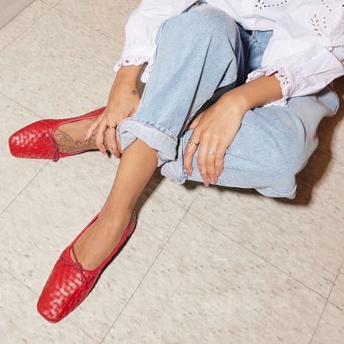 Woven Flats Ballet Shoes for Women with Bows Square Head Design Pull On Comfortable Elegance2