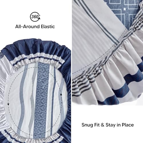 Tokokimo King Size Duvet Cover Sets 4 Piece Dark Blue Bedding Set with Fitted Sheet - Soft Microfiber King Size Bedding (1x Duvet Cover, 2x Pillowcases, 1x 40cm Deep Fitted Sheet) Dark Blue Stripe - Image 6