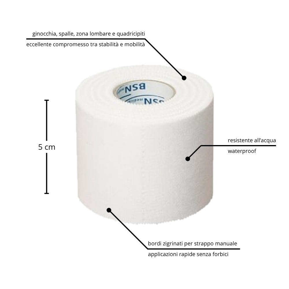Strappal nastro taping sportivo anelastico professionale tape zigrinato all’ossido di zinco per bendaggi funzionali stabilizzazione articolare fisioterapia e sport | latex free | 5 cm x10 m 6 pz