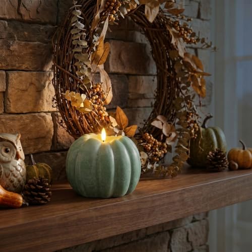 Vela sin llama con forma de calabaza verde salvia para otoño 7