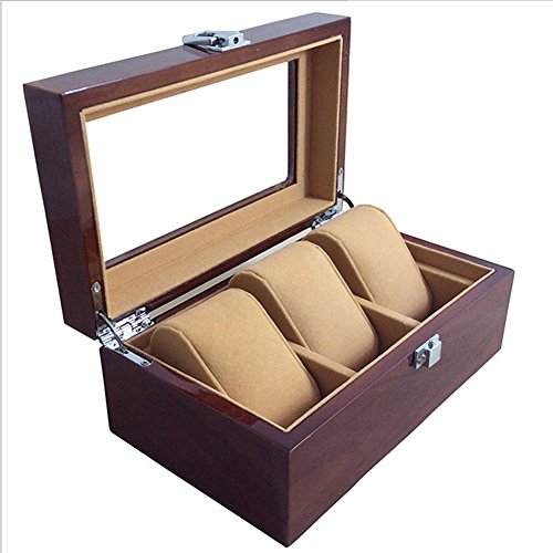 3 Grids Wooden Watch Display Box Jewelry Storage Organizer Red Case Collections Holder
