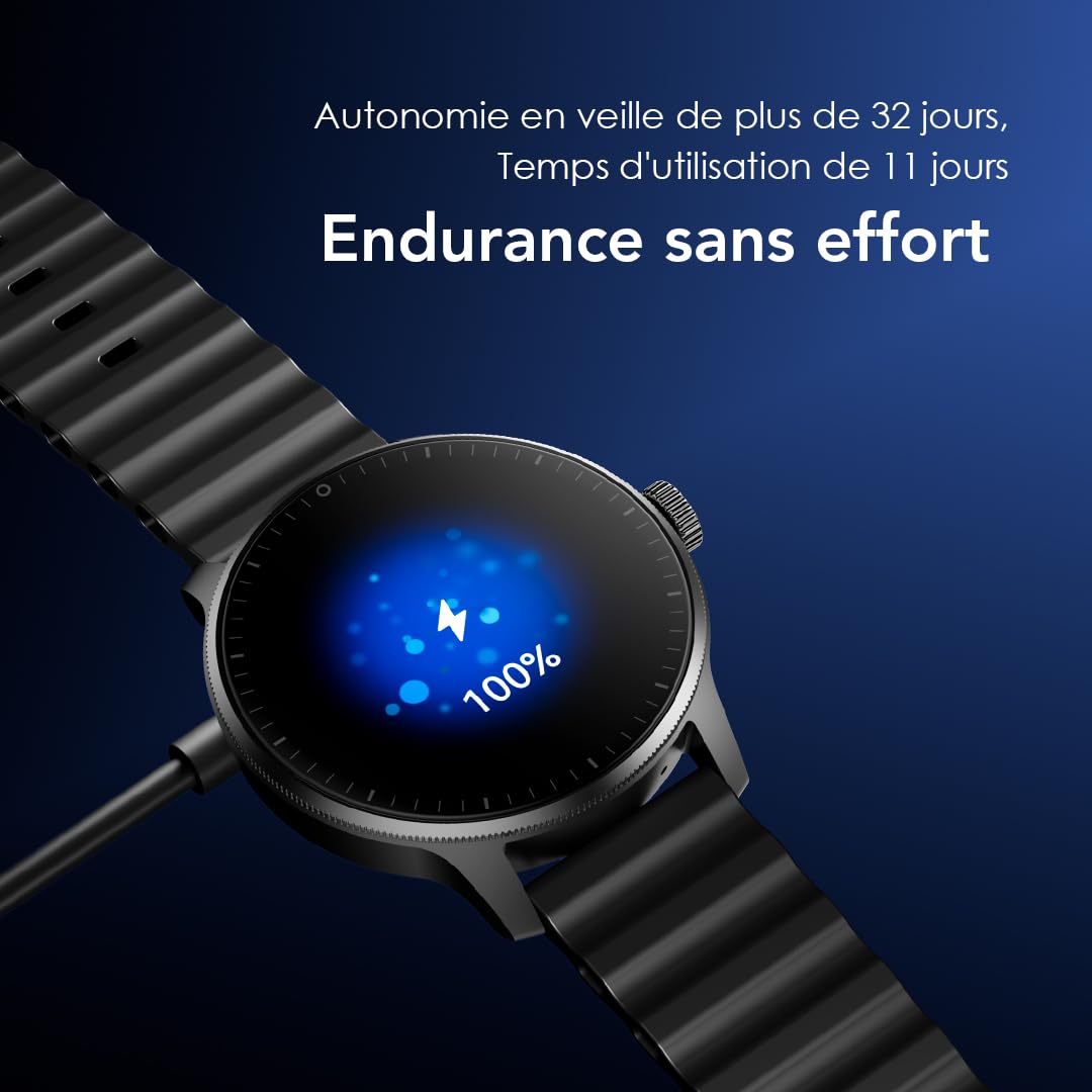 oraimo Montre Connectée Écran AMOLED 1,43 Pouce Appels Bluetooth 5.3 Batterie 11 Jours Suivi Rythme Cardiaque SpO2 Étanche IP68 Mode Sport Homme Femme Notification Android 6.0 iOS 11 Noir