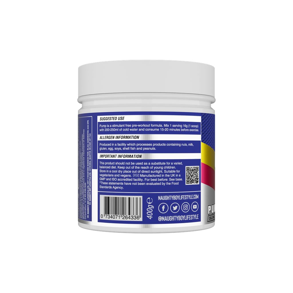 NaughtyBoy Pump Pre-Workout - 400 g, Candy Bubblegum, senza stimolanti, tecnologia Cell Swell, pompa, messa a fuoco, prestazioni e idratazione