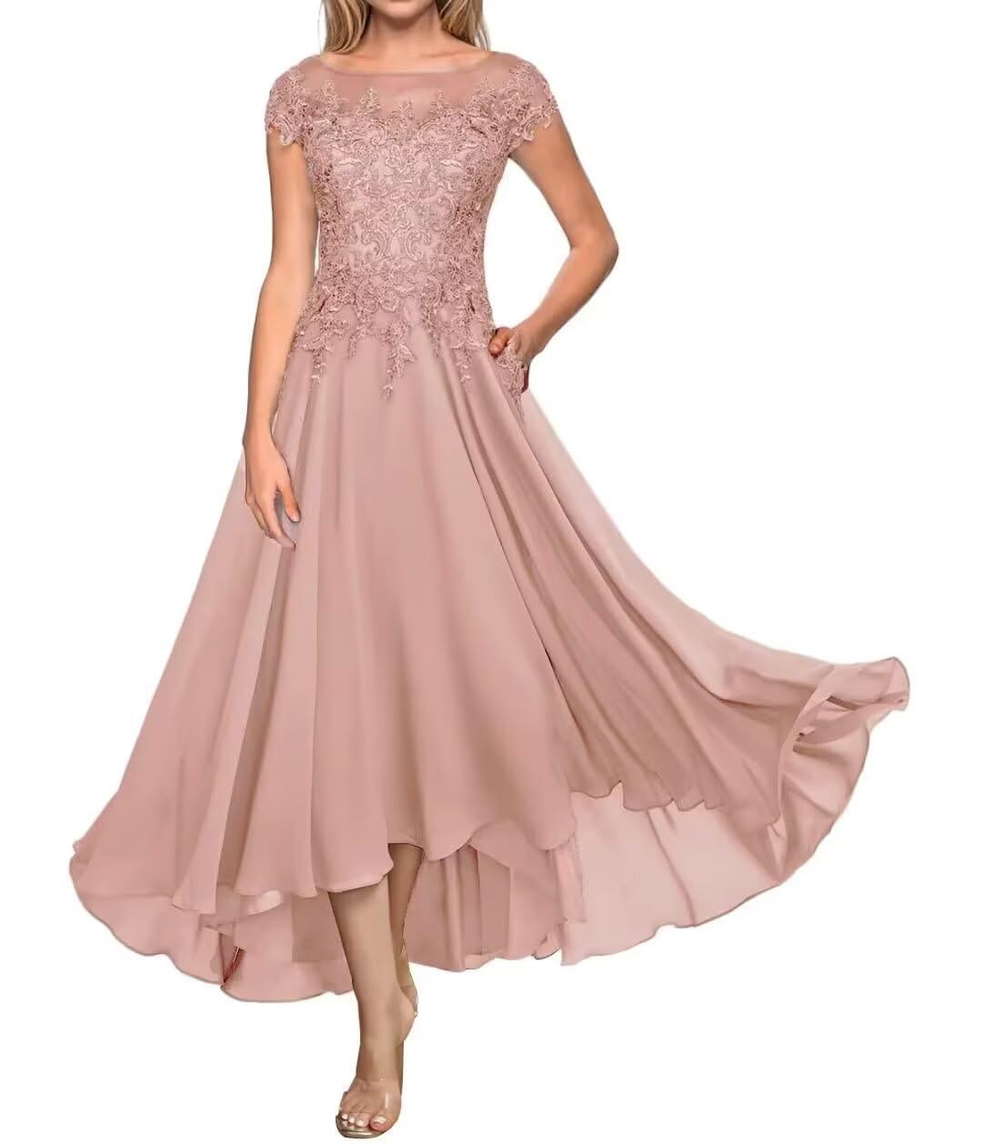 KIYNE Lace Applique Chiffon Mother of the Bride Dresses for Women Cap Sleeve Tea Length Mother of Groom Dress Dusty Rose UK18
