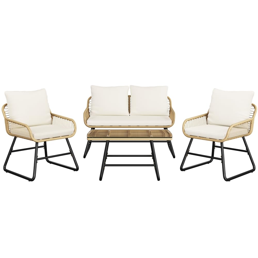 Yaheetech Ensemble Salon de Jardin 4 Pièces Tressé Set de 1 Canapé avec 2 Places 2 Fauteuils et Table d'Appoint en Verre Trempé Style Bohème pour Terrasse Balcon, Patio