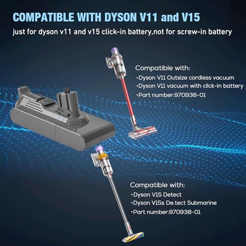 Image of Batryuic Upgraded 9000mAh V11 V15 Click in Battery Compatible for DYS V11 Outsize V15 Detect etc. Cordless Vacuum, Part No. 970938-01 SV15 SV16 SV22 970425-01, 25.2V Battery Click in Type