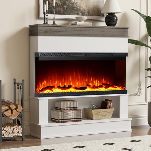 Maxhonor 3-Sided View Electric Fireplace Insert - Freestanding Fireplace Minimalist Mantel - 12 Color Flame Effect - 1500/750 Watt Heater - Remote Control - Log & Crystals(40', White, Open Storage)