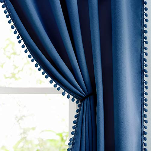 Treatmentex NSFPOM2-84NV Pom Pom Curtains 84 Inch Navy Royal Blue Blackout Curtains Bedroom Windows Drapes Triple Weave Thermal Insulated Curtain Panels For Men Boys Nursery Room Studio Hotel 52 Inch W X2 Panels Rod Pocket cover