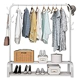 UDEAR Garment Rack Free-standing Clothes Rack with Top Rod,Lower Storage and 6 Hooks, White