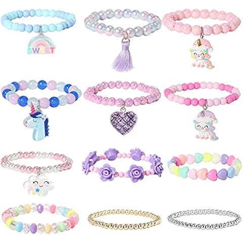 Pinkgarden Beaded Bracelets for Kids Little Girl, 12 Pcs Unicorn Friendship Heart Flower Cloud Tassel Bracelets for Baby Girls Teen Bracelet Princess Party Favors Birthday Gift Cover