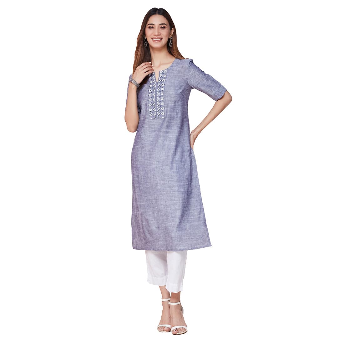 Fabindia Women's Cotton Solid Slim Kurta (1037332Blue_Blue