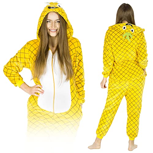 ZOLTA Jumpsuit Onesie für Damen und Herren - Sanft Kuschelig Unisex Pyjama - Karnevalskostüm - Warme Schlafanzug - Karneval kostüm - Beliebte und Lustige Motiv - Ananas - S